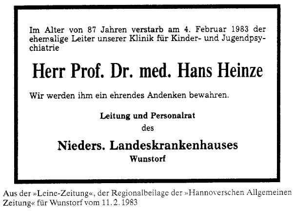 Hans Heinze Wunstorf tot